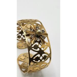 Vintage Gold Tone Cuff Bracelet Openwork Floral Rhinestone Faux Pearl